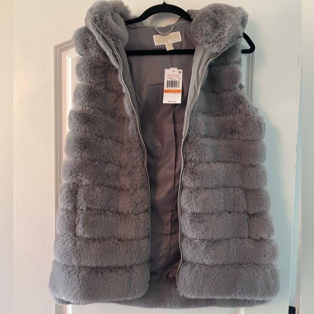 Michael Kors Faux Fur Vest with Hood in Gray